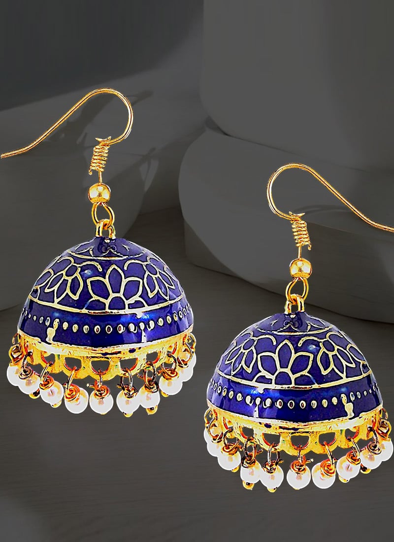 Navy Blue Beads Meenakari Jhumka Festive Wear