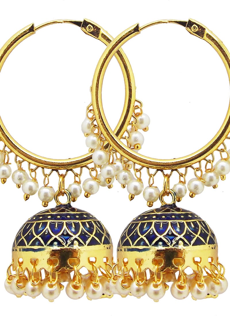 Navy Blue Beads Meenakari Jhumka Festive Wear