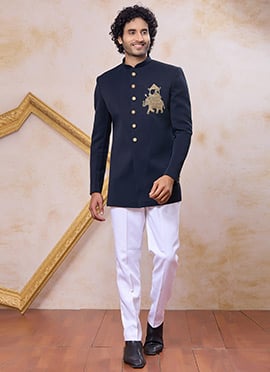 Navy Blue Beads Stone Zardosi Hand Work Indowestern Sherwani
