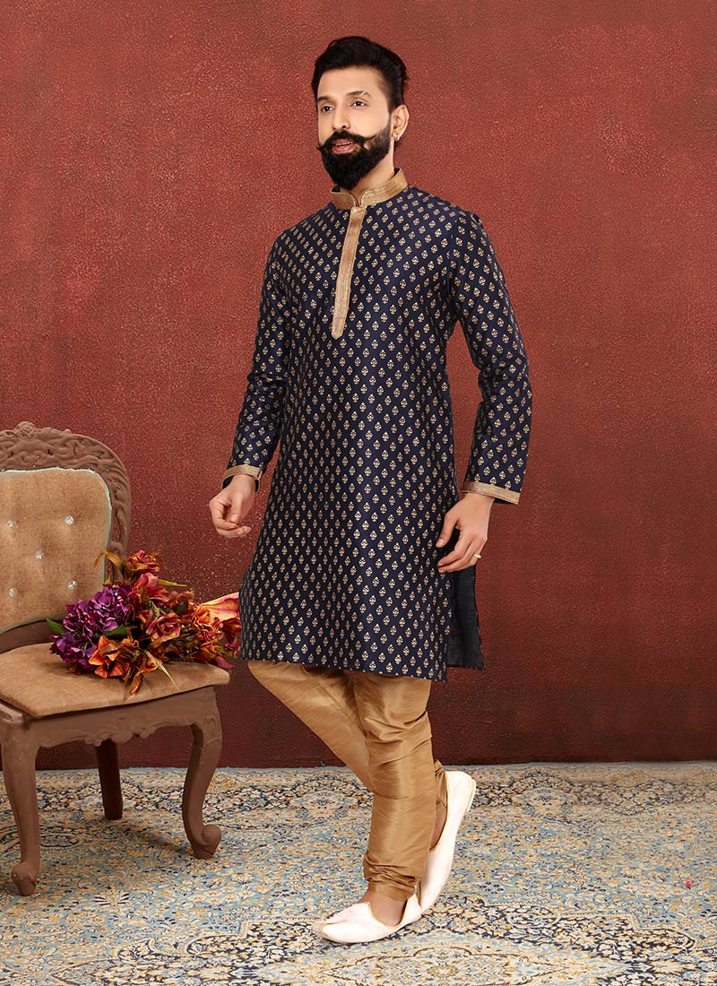 Navy Blue Benarasi Dupion Silk Kurta Pyjama