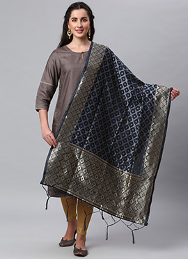 Navy Blue Benarasi Silk Jacquard Woven Dupatta