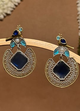 Navy Blue Bird Motif Kundan Dangler Earrings
