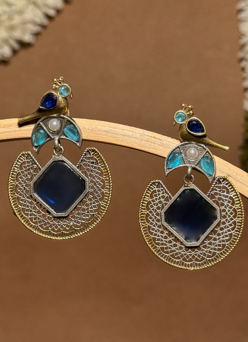 Navy Blue Bird Motif Kundan Dangler Earrings Festive Wear