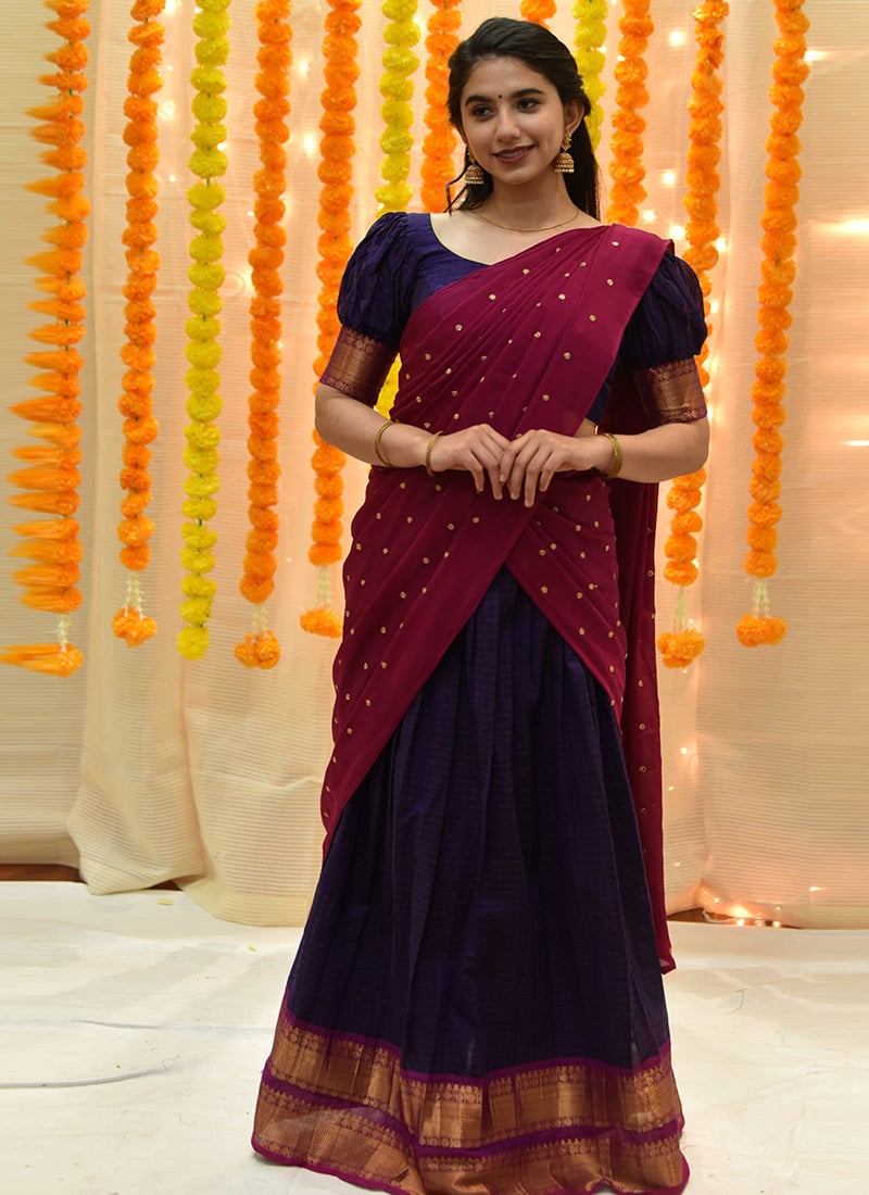 Navy Blue Blended Cotton Zari A Line Lehenga With U Neck And Half Sleeve Festive Wear-GHCEK419