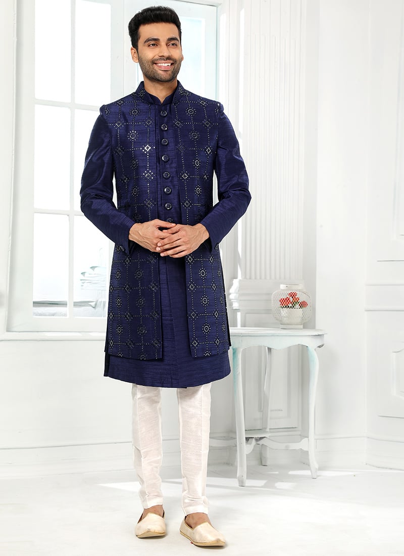 Navy Blue Blue Art silk Foil Print Classic Sherwani