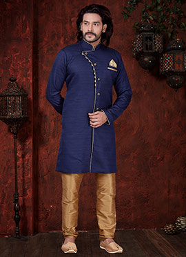Navy Blue Breeches Style Indowestern Sherwani