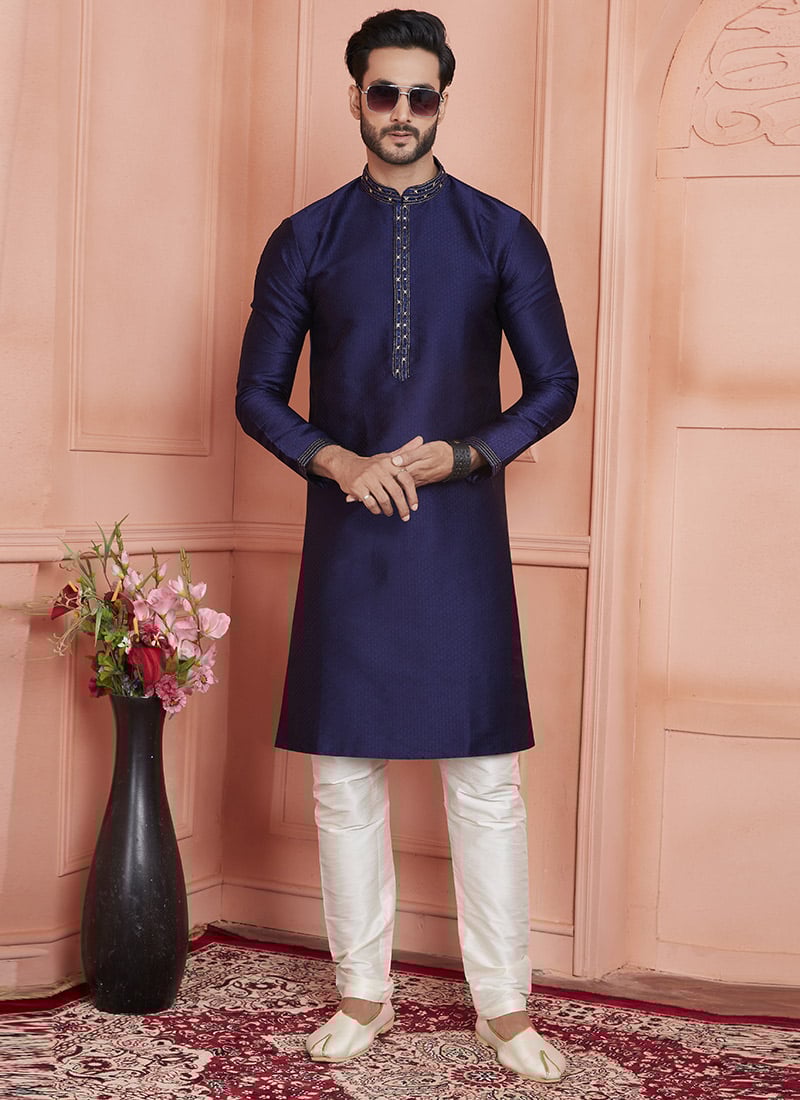 Navy Blue Brocade Jacquard Silk Kurta Pyjama