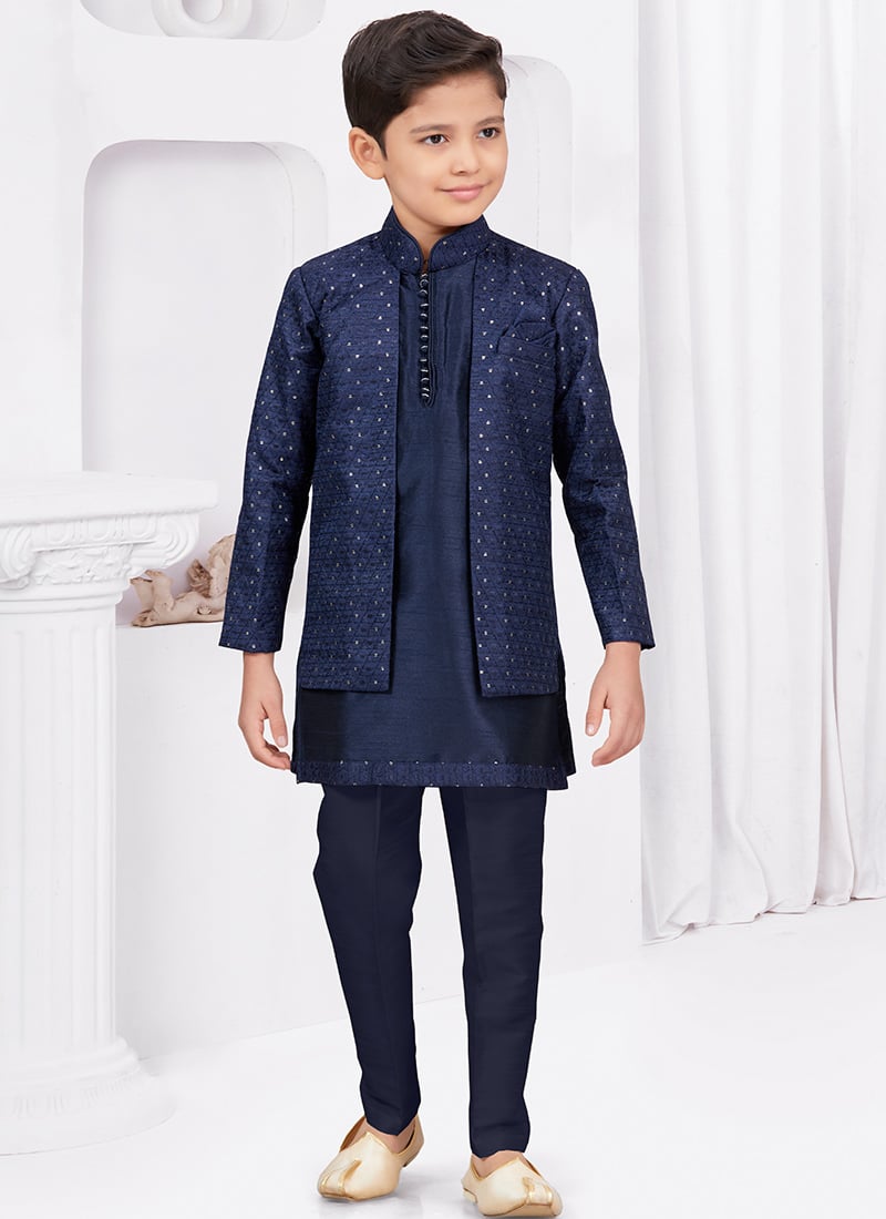 Navy Blue Champion Banarasi Silk Thread Sequins Kids Boys Indowestern Sherwani  Wedding Wear