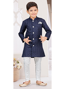 Navy Blue Champion Silk Sequins Kids Boys Indowestern Sherwani