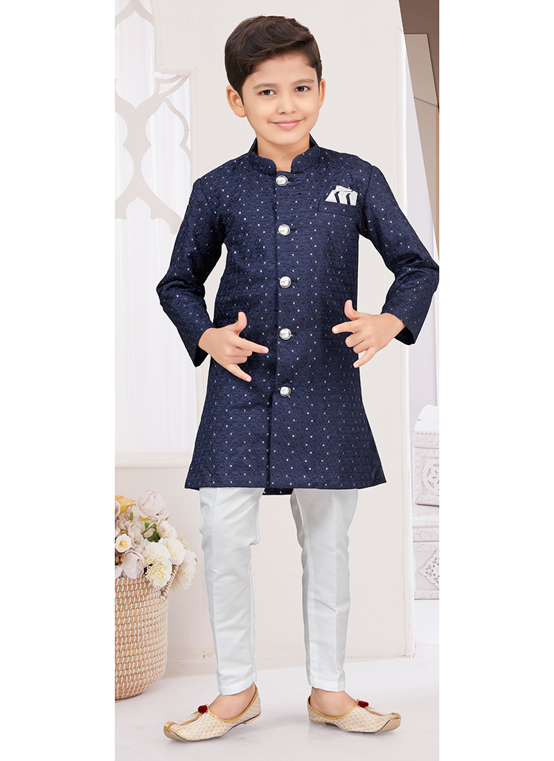 Navy Blue Champion Silk Sequins Kids Boys Indowestern Sherwani Wedding Wear