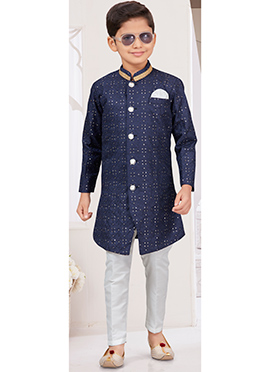 Navy Blue Champion Silk Thread Sequins Kids Boys Indowestern Sherwani