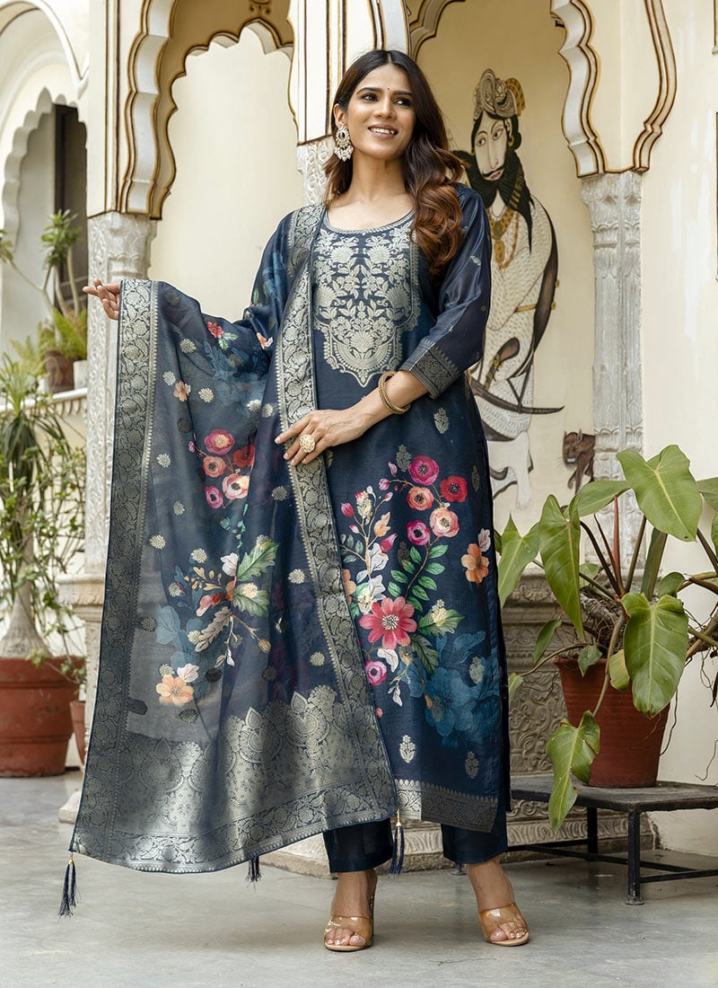 Navy Blue Chanderi Cotton Jacquard Digital Print Straight Pant Suit
