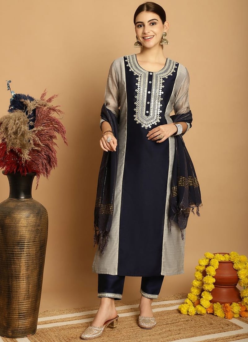 Navy Blue Chanderi Embroidered Straight Pant Suit After Six Wear