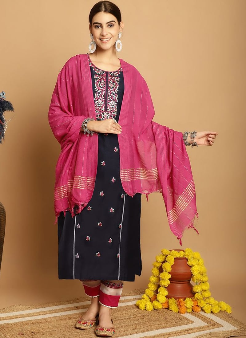Navy Blue Chanderi Embroidered Straight Pant Suit After Six Wear