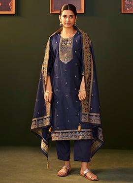 Navy Blue Chanderi Jacquard Straight Pant Suit