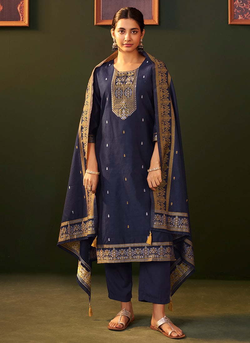 Navy Blue Chanderi Jacquard Straight Pant Suit After Six Wear