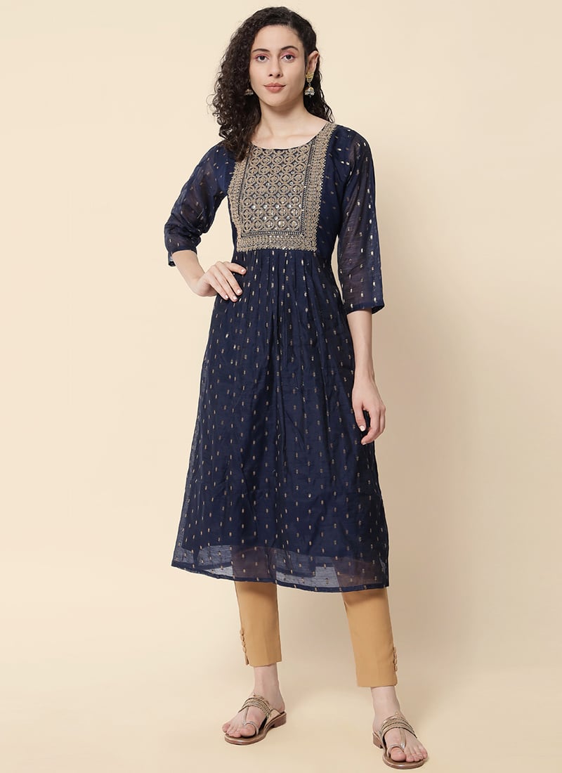 Navy Blue Chanderi Modal Embroidered Long Kurti After Six Wear
