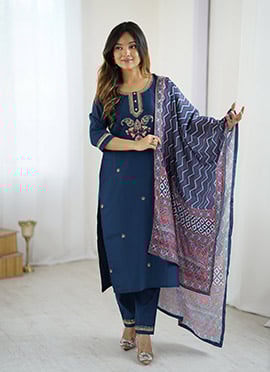 Navy Blue Chanderi Silk Embroidered Sequins And Printed Straight Pant Suit