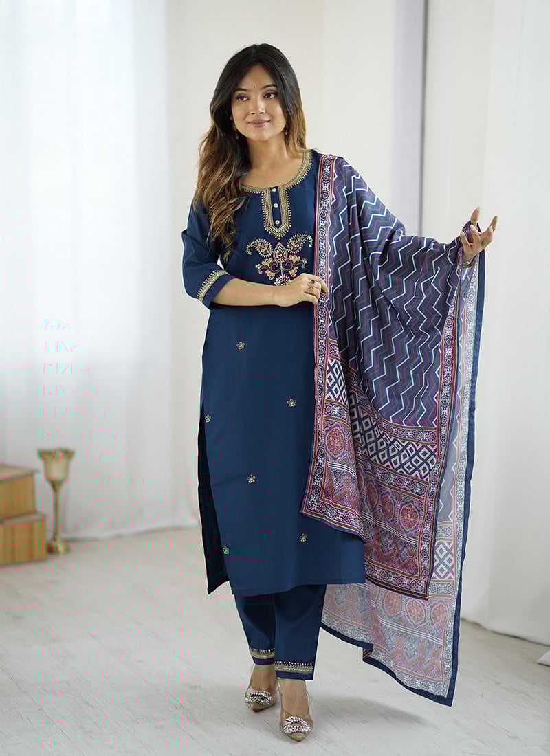 Navy Blue Chanderi Silk Embroidered Sequins And Printed Straight Pant Suit After Six Wear
