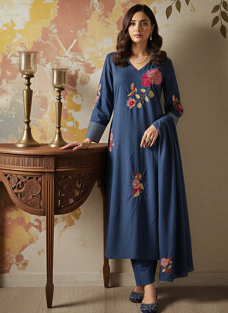 Navy Blue Chanderi Silk Embroidered Straight Pant Suit After Six Wear