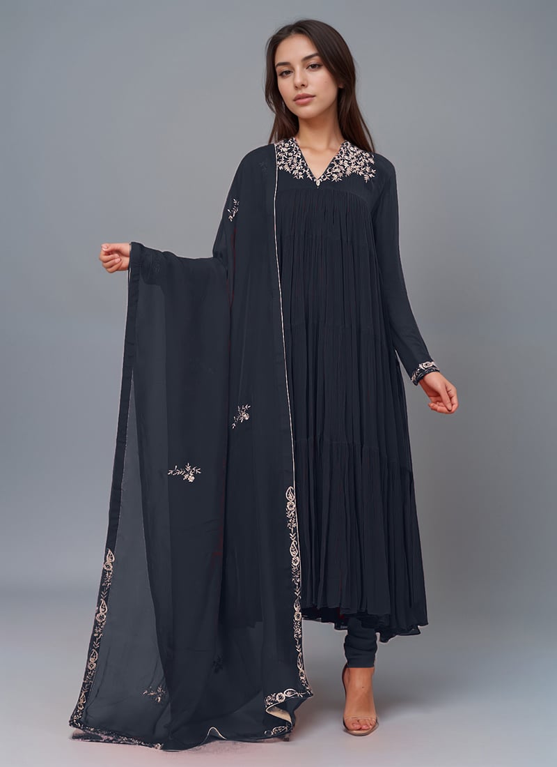 Navy Blue Georgette Poth Zari Hand Embroidered Anarkali Suit
