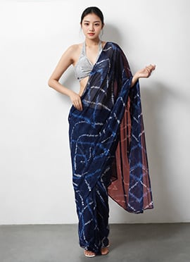 Navy Blue Chiffon Printed Pre Draped Saree