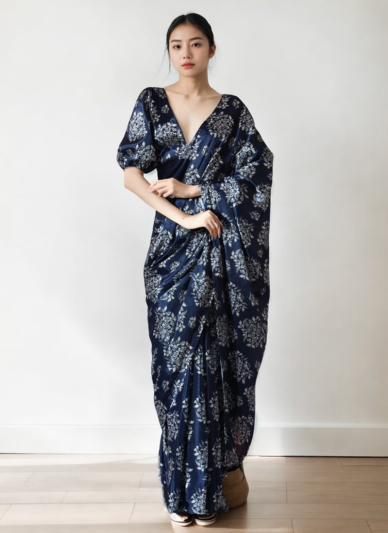 Navy Blue Chinon Digital Print Pre Draped Saree