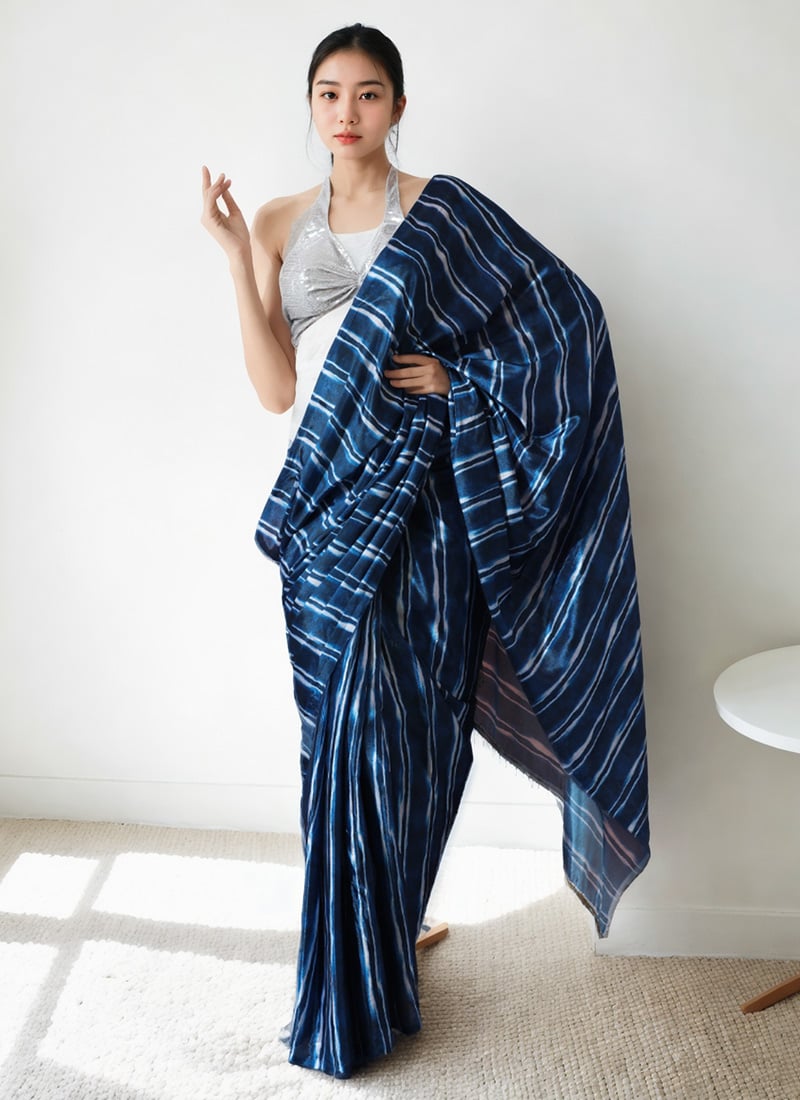 Navy Blue Chinon Digital Print Pre Draped Saree After Six Wear