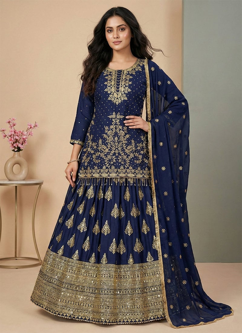 Navy Blue Chinon Embroidered Sequins A Line Lehenga Festive Wear
