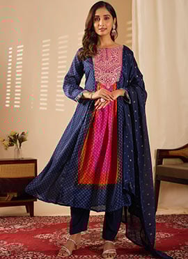 Navy Blue Chinon Embroidered Sequins Jacquard Mirror Work Straight Pant Suit