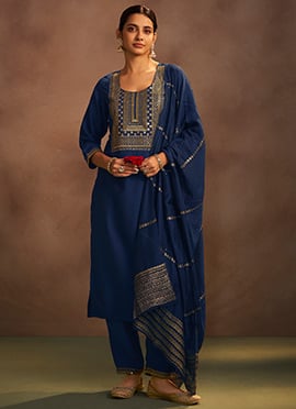 Navy Blue Chinon Embroidered Straight Pant Suit