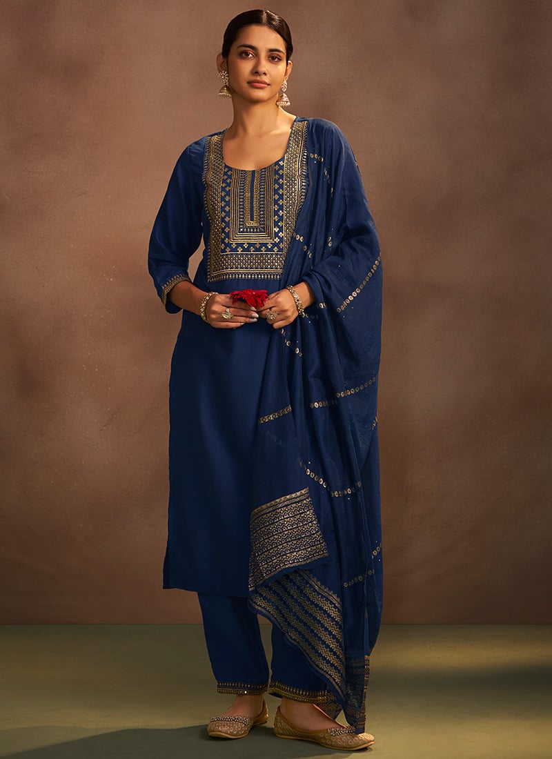 Navy Blue Chinon Embroidered Straight Pant Suit After Six Wear