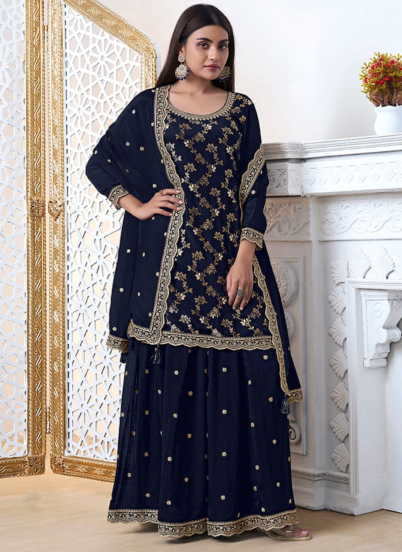 Navy Blue Chinon Floral Jacquard Embroidered Palazzo Suit