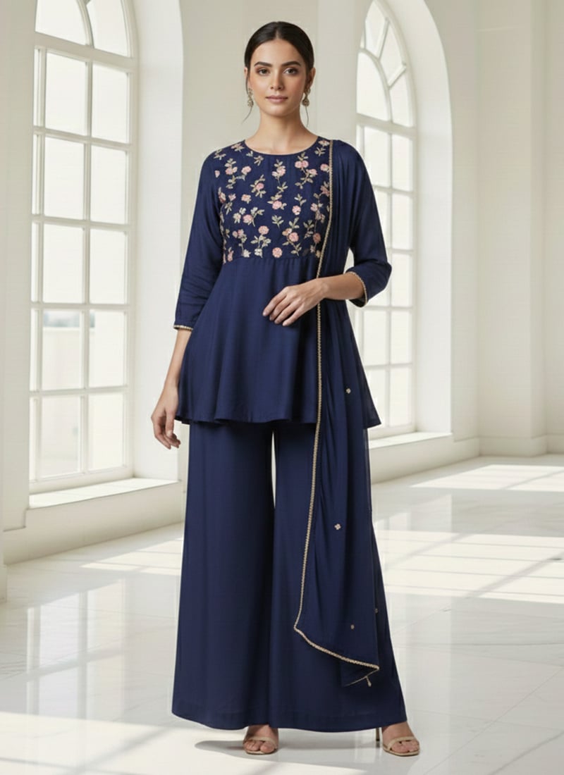 Navy Blue Chinon Peplum Palazzo Suit With Embroidery Festive Wear