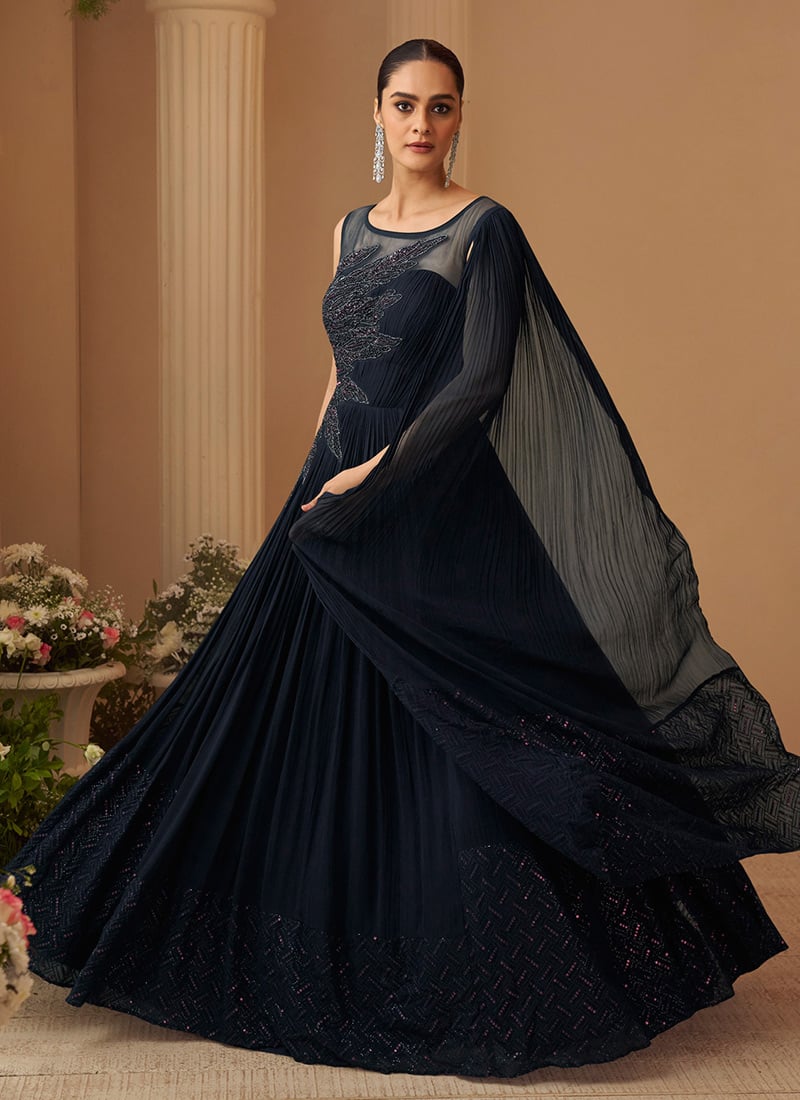 Navy Blue Chinon Sequins With Beads Embellished Cape Style Designer Gown Wedding Wear