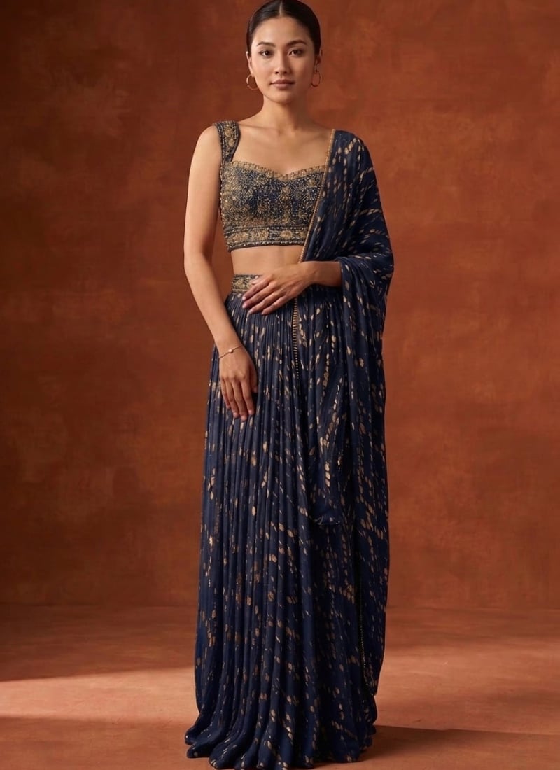 Navy Blue Chinon Silk Digital Print Sequins Cutdana Hand Embroidered A Line Lehenga Wedding Wear