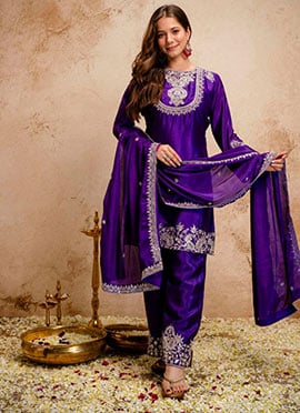 Navy Blue Chinon Silk Embroidered Sequin Palazzo Suit