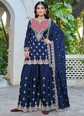 Navy Blue Chinon Silk Embroidered Sequins Palazzo Suit