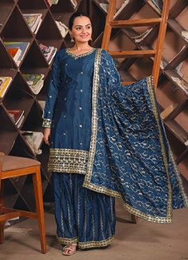 Navy Blue Chinon Silk Embroidered Sequins Palazzo Suit