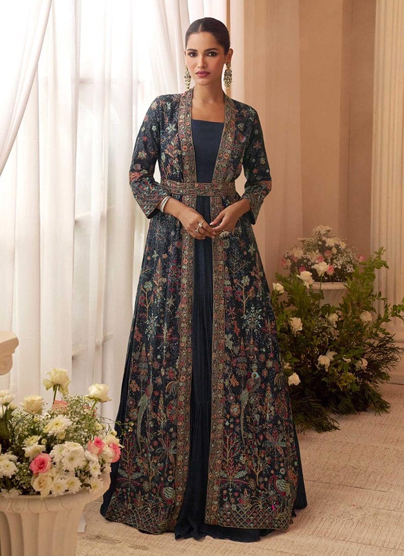 Navy Blue Chinon Silk Embroidered Zari Sequins Anarkali Gown With Jacket