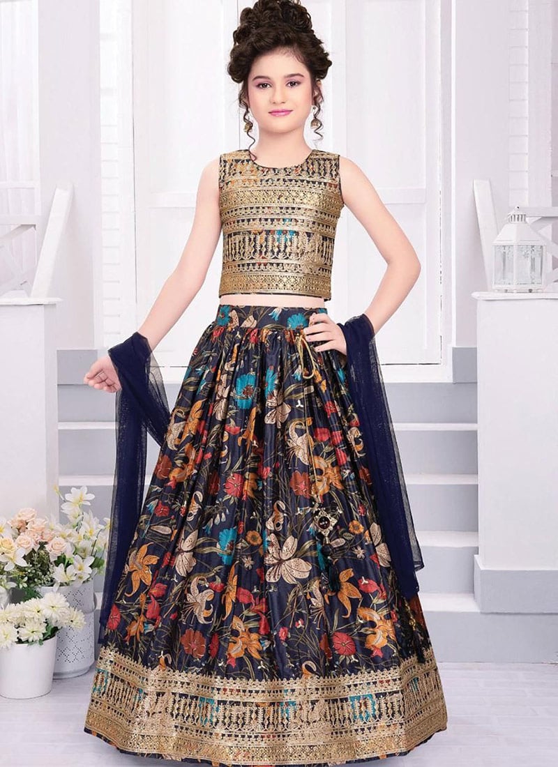 Navy Blue Chinon Silk Embroidery Digital Print Lehenga For Kids Girls Festive Wear