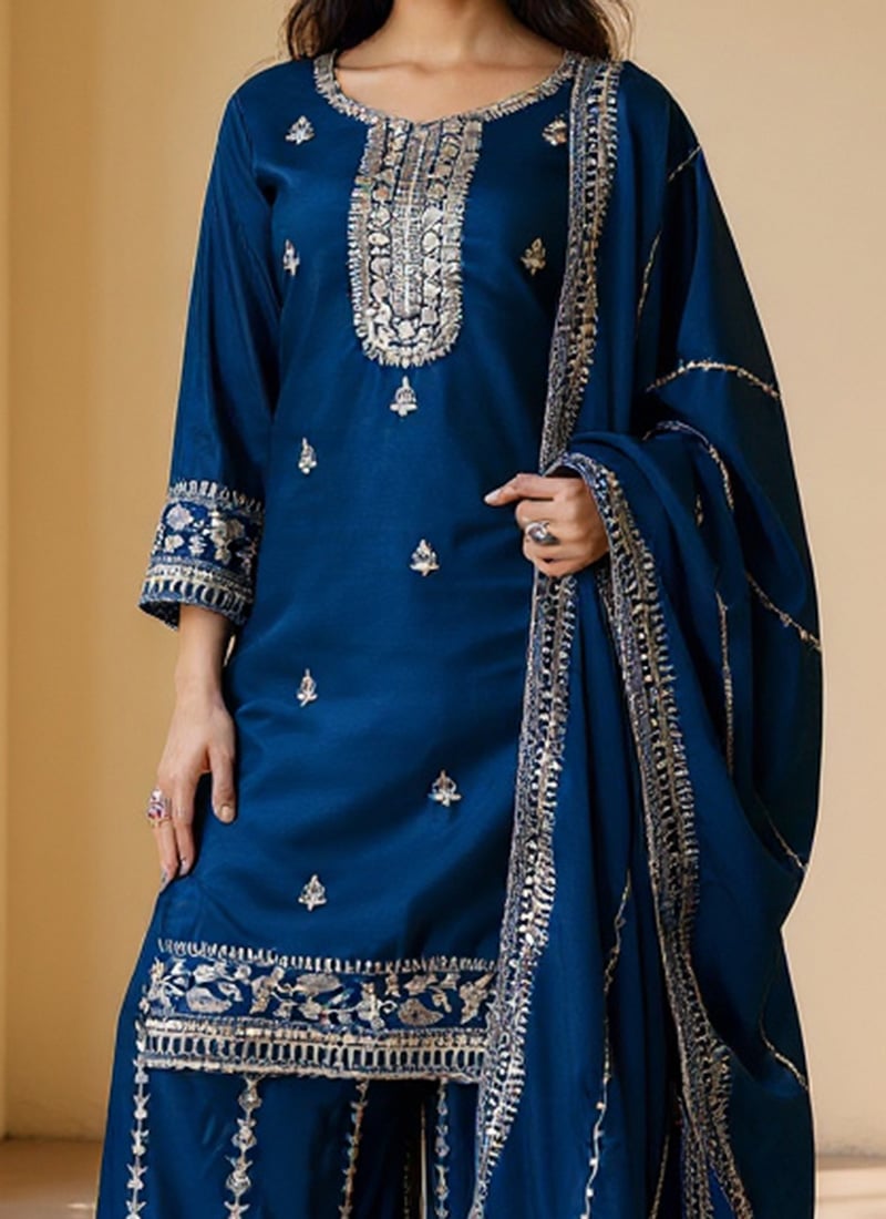 Orange Chinon Designer Neck Indowestern Party Wear Suit