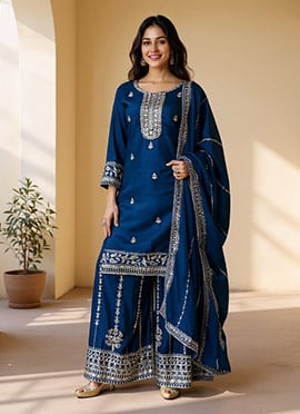 Navy Blue Chinon Silk Palazzo Suit With Embroidery Zari And Sequins