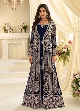 Navy Blue Chinon Silk Zari Embroidered Beads Sequins Stones Dresses And Gown