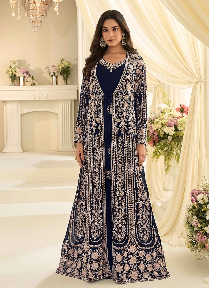 Navy Blue Chinon Silk Zari Embroidered Beads Sequins Stones Dresses And Gown Wedding Wear