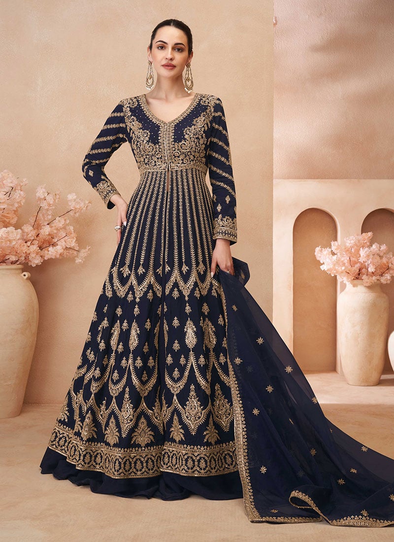 Navy Blue Chinon Silk Zari Embroidered Sequins Ravishing Anarkali Lehenga
