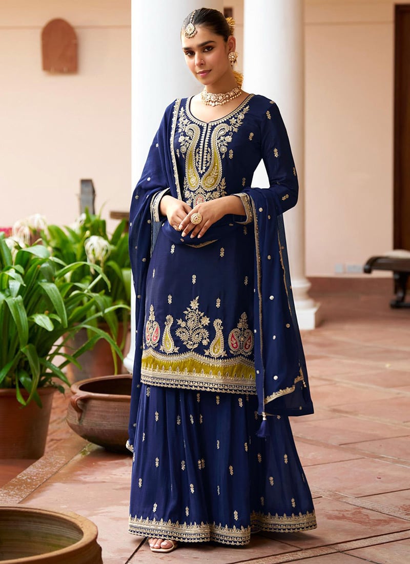 Navy Blue Chinon Silk Zari Embroidered Sequins Thread Palazzo Suit Festive Wear