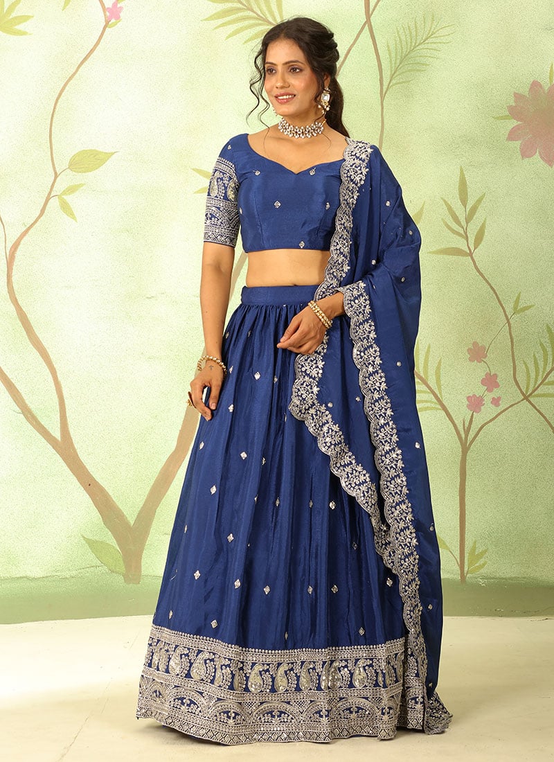 Navy Blue Chinon Zari Embroidered Sequins Lehenga Wedding Wear