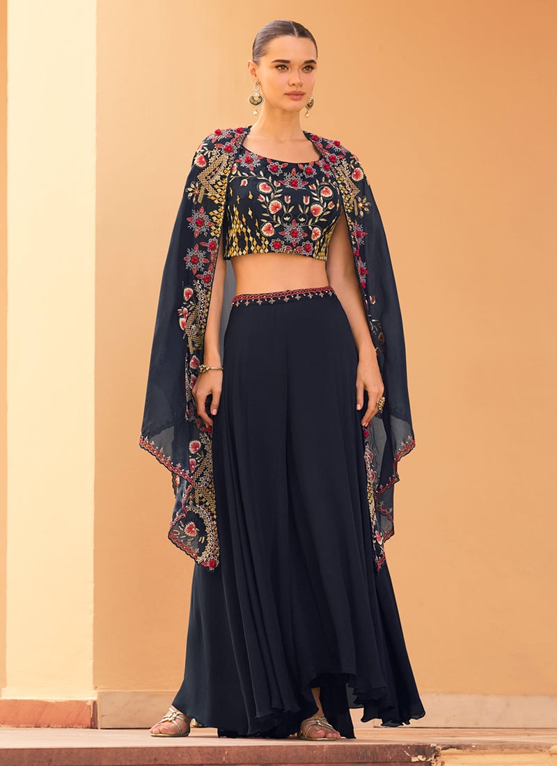 Navy Blue Chinon Zari Hand Embroidered With Sequins Cap Style Indowestern  Palazzo Suits Wedding Wear
