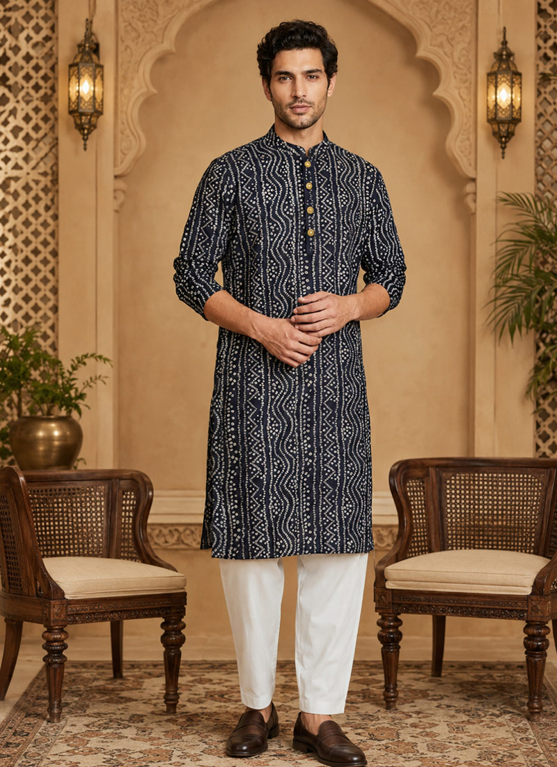 Navy Blue Cotton Bandhini Print Kurta For Men